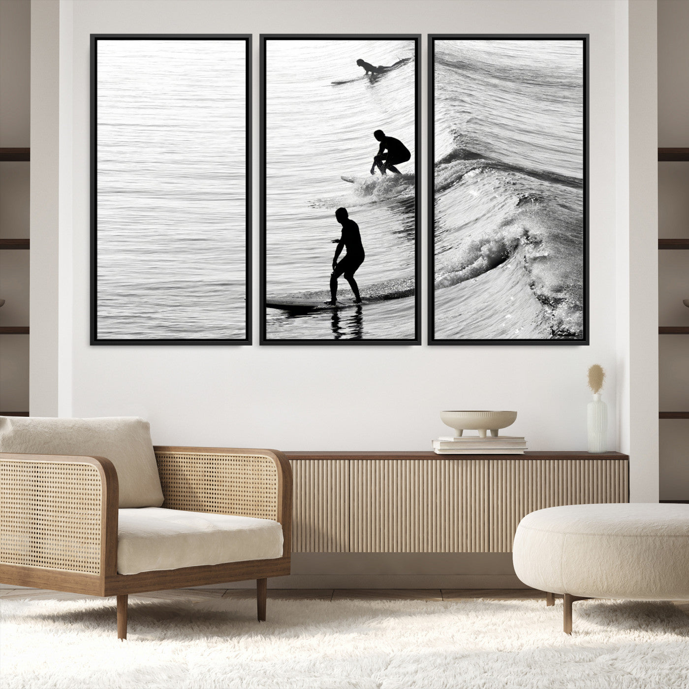 19875284-MGV-FC-48X32-3P-Surfers on Waves Wall Art Canvas Print, Framed Black White Surf Art Picture Print, Monochrome Ocean Perfect Modern Coastal Decor, Surfers on