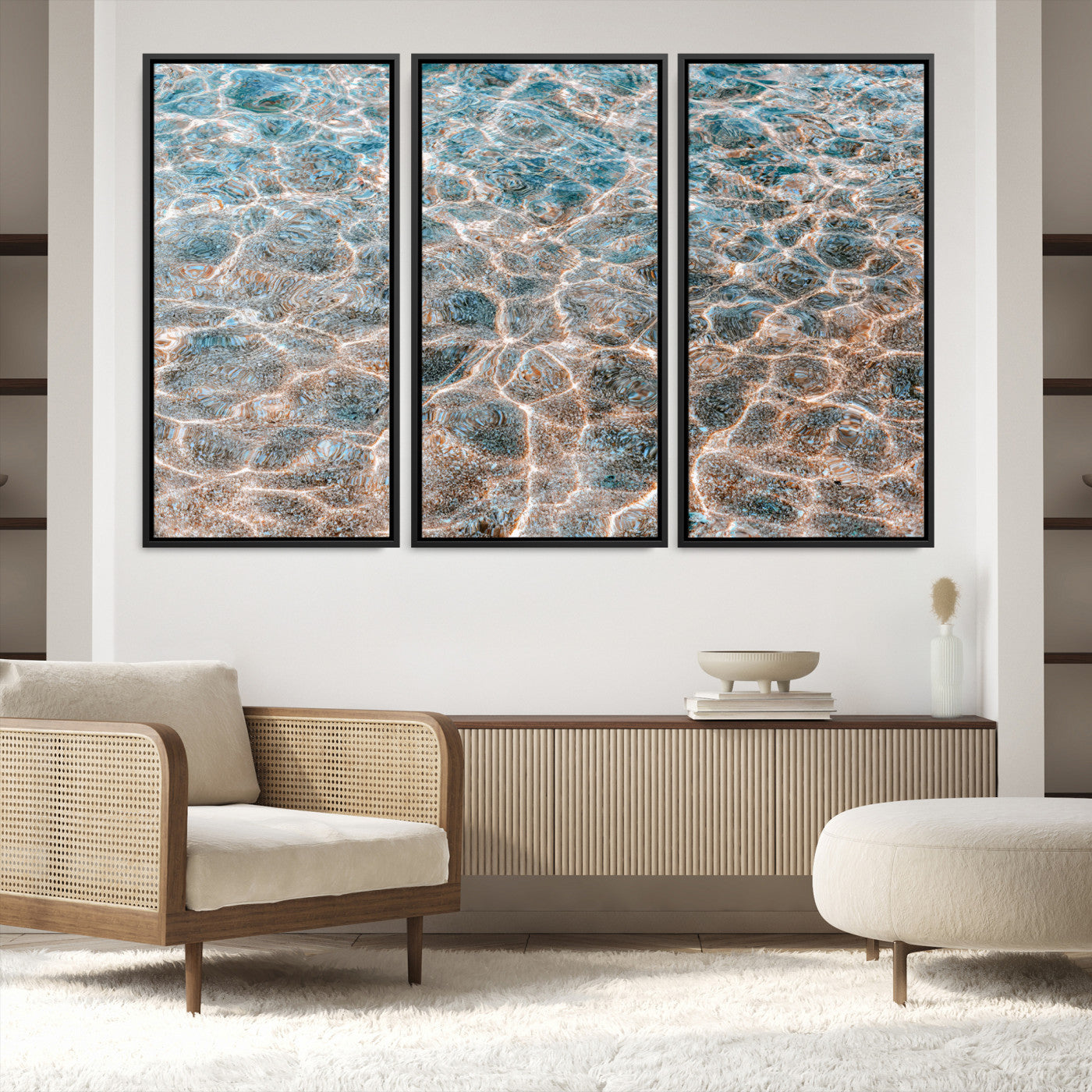 26580287-MGV-FC-48X32-3P-Clear Water Wall Art Canvas Print, Framed Sunlit Ripples Art Picture Print, Ocean Texture Perfect Modern Coastal Decor