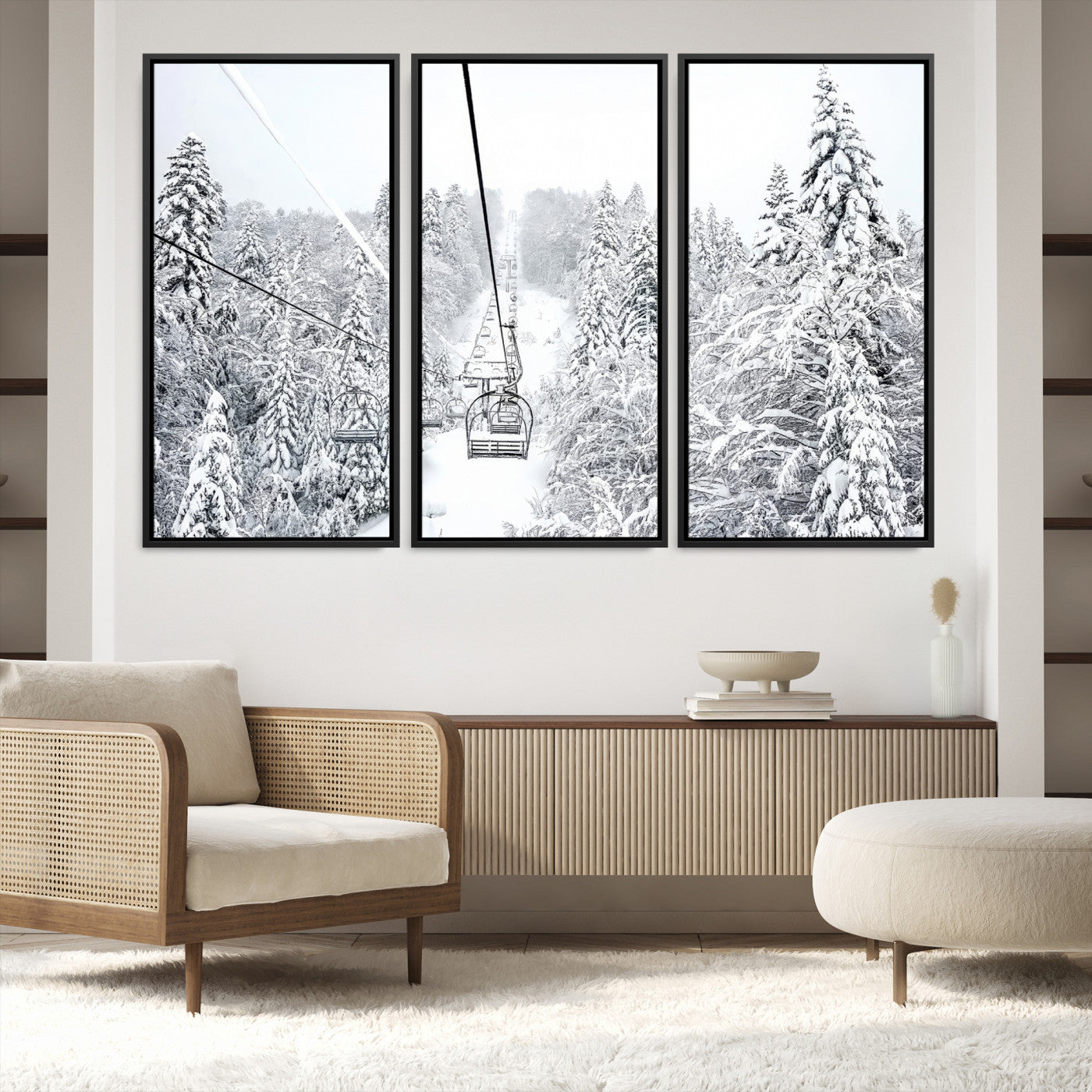 44705668-MGV-FC-48X32-3P-Winter Forest Wall Art Canvas Print, Framed Snowy Forest Art Picture Print, Winter Ski Lift Perfect Scandinavian Minimalist 3/3 Decor