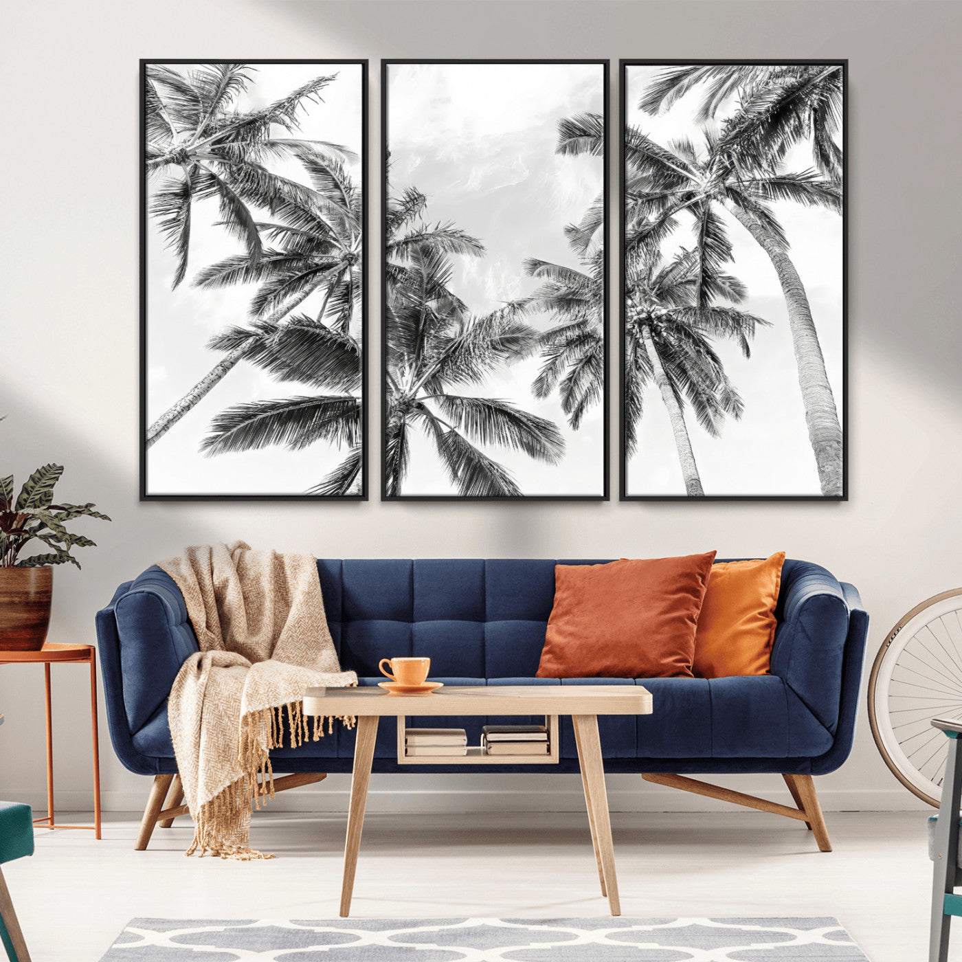 MGV-FC-48X32-3P - Black White Palm Wall Art Canvas Print, Framed Monochrome Tropics Art Picture Print, Minimalist Beach Perfect Coastal Minimalist Decor Artwork