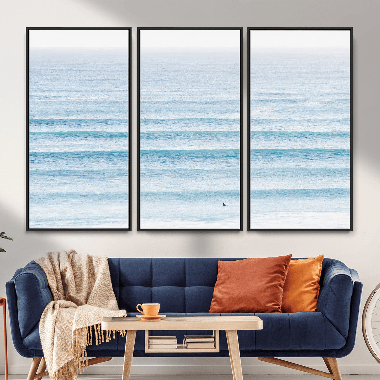 77145995-MGV-CV-36X24-Ocean Wave Surfer Wall Art – Framed Minimal Seascape Canvas Artwork, Calm Blue Water Design, Coastal Decor for Home, Office
