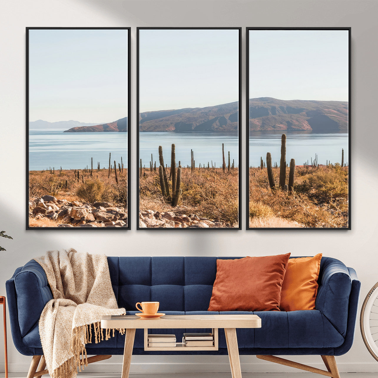 MGV-FC-48X32-3P - Desert Cactus Wall Art Canvas Print, Framed Baja Coastline Art Picture Print, Coastal Desert Perfect Southwestern Minimalist Decor Artwork