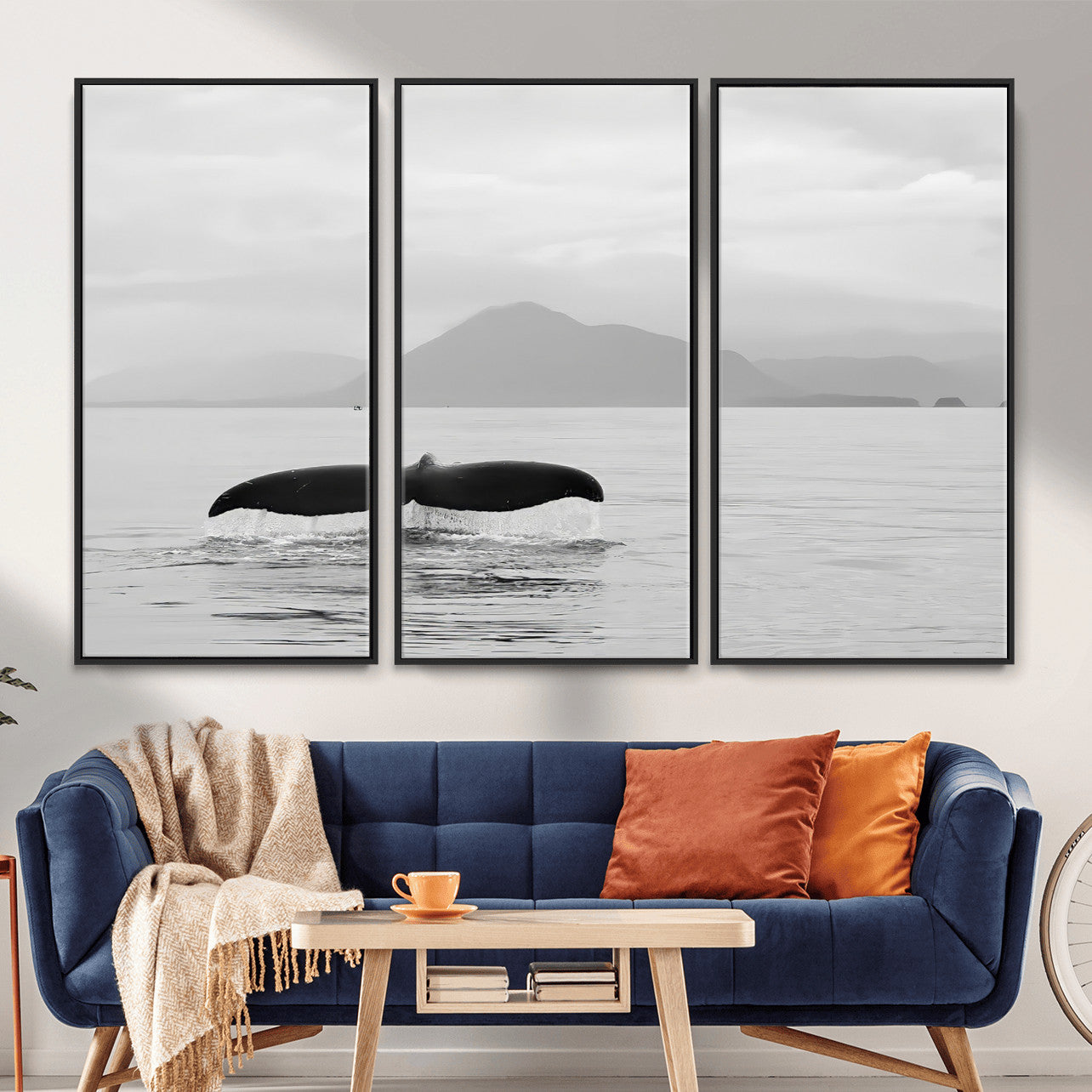 MGV-FC-48X32-3P - Whale Tail Wall Art Canvas Print, Framed Black White Ocean Art Picture Print, Calm Marine Perfect Minimalist Coastal Decor Artwork