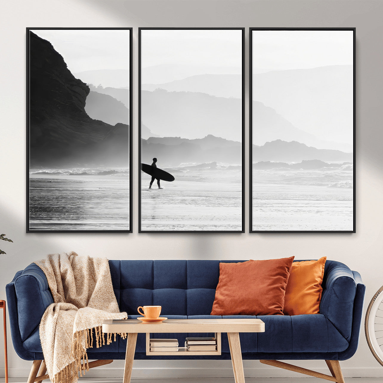 MGV-FC-48X32-3P - Surfer In Fog Wall Art Canvas Print, Framed Moody Shoreline Art Picture Print, Cliffside Waves Perfect Minimalist Coastal Decor Artwork