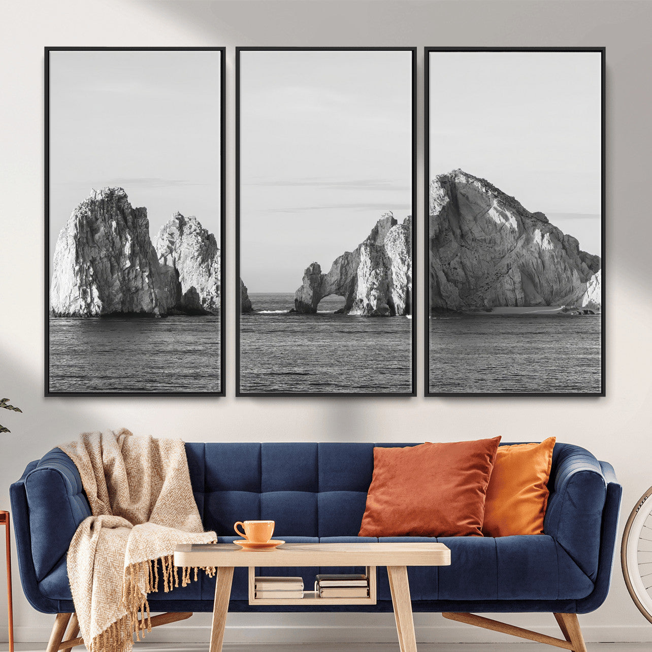 MGV-FC-48X32-3P - Rugged Coastline Wall Art Canvas Print, Framed Ocean Cliffs Art Picture Print, Monochrome Seascape Perfect Coastal Minimalist Decor Artwork