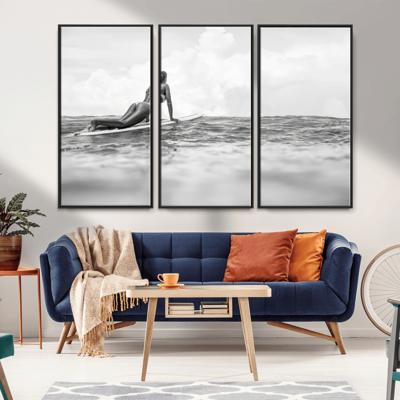 69798068-MGV-CV-36X24-Black and White Surfing Wall Art Canvas Print – Framed Ocean Horizon with Surfer Girl Coastal Adventure Artwork for Home, Office