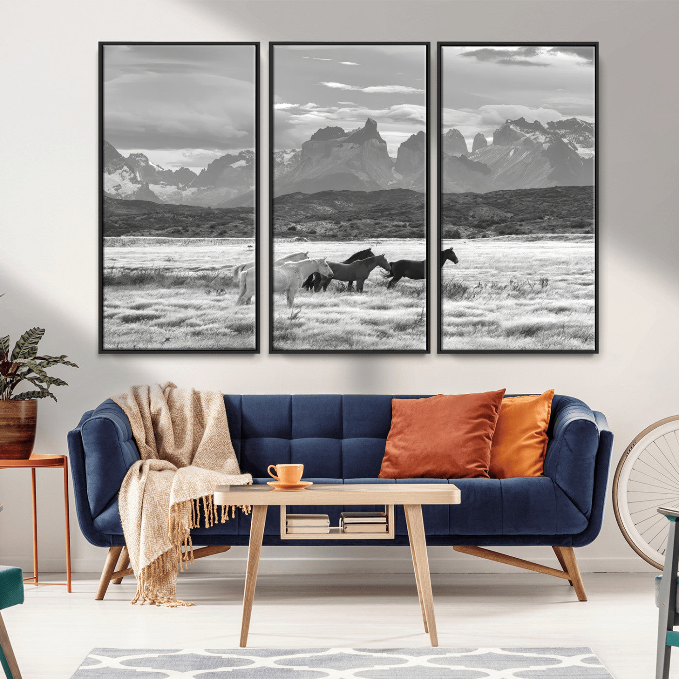 MGV-FC-48X32-3P - Wild Horses Wall Art Canvas Print, Framed Black White Mountains Art Picture Print, Rustic Countryside Perfect Rustic Western Decor Artwork
