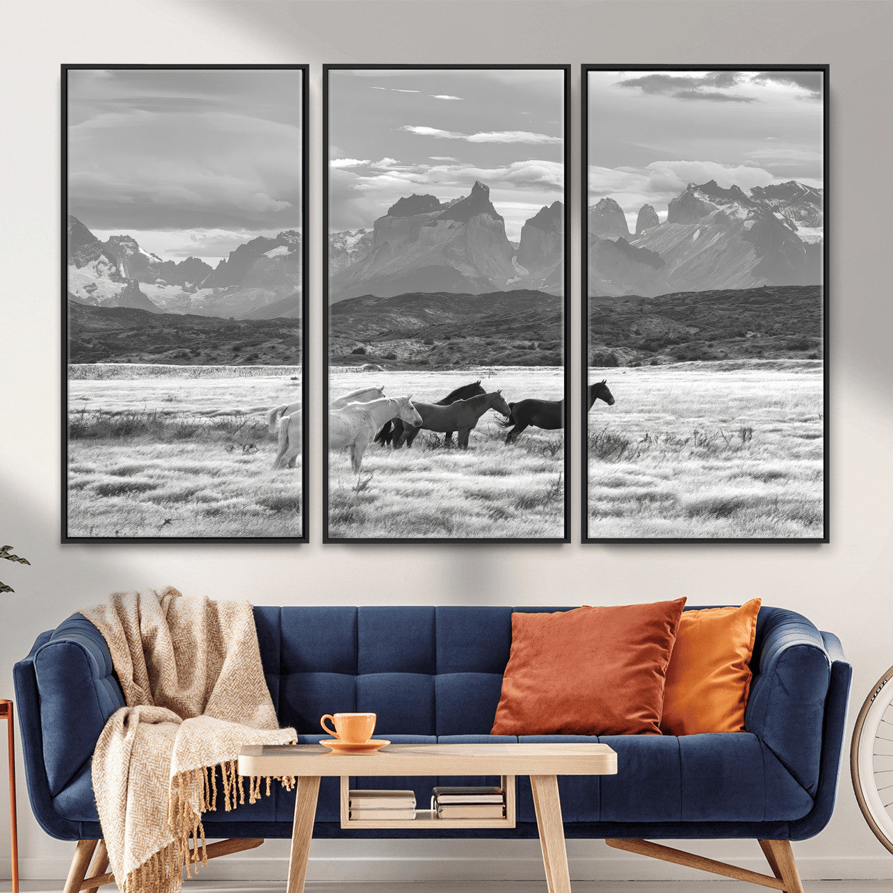 MGV-FC-48X32-3P - Wild Horses Wall Art Canvas Print, Framed Black White Mountains Art Picture Print, Rustic Countryside Perfect Rustic Western Decor Artwork