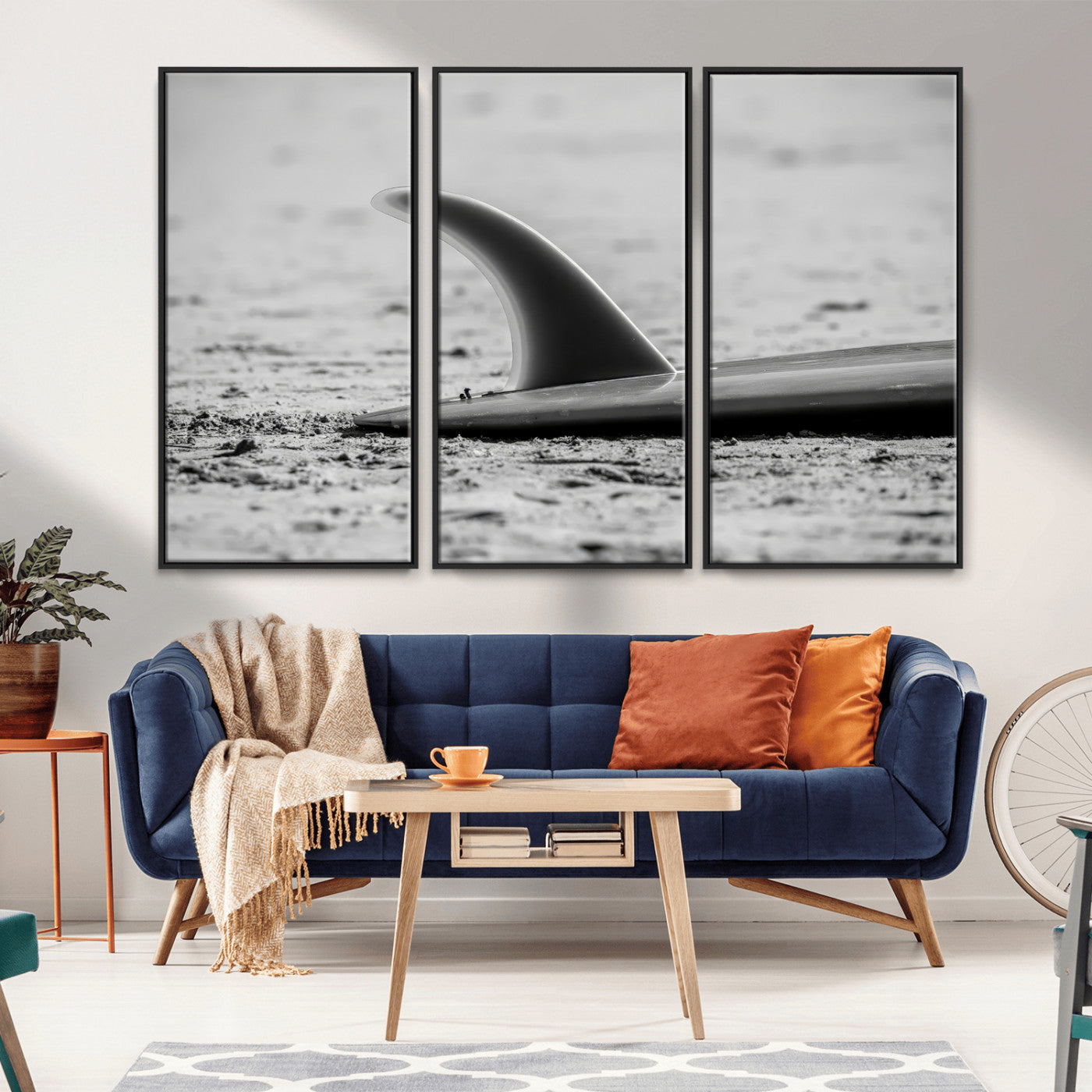 MGV-FC-48X32-3P - Black White Surfboard Wall Art Canvas Print, Framed Minimalist Beach Art Picture Print, Surf Fin Perfect Minimalist Coastal Decor Artwork