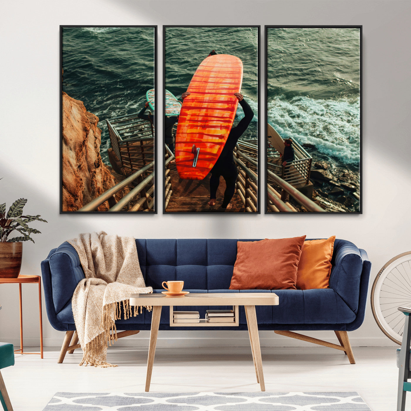 MGV-FC-48X32-3P - Surfer Stairway Wall Art Canvas Print, Framed Ocean Surf Art Picture Print, Sunset Coastal Perfect Coastal Adventure Decor Artwork