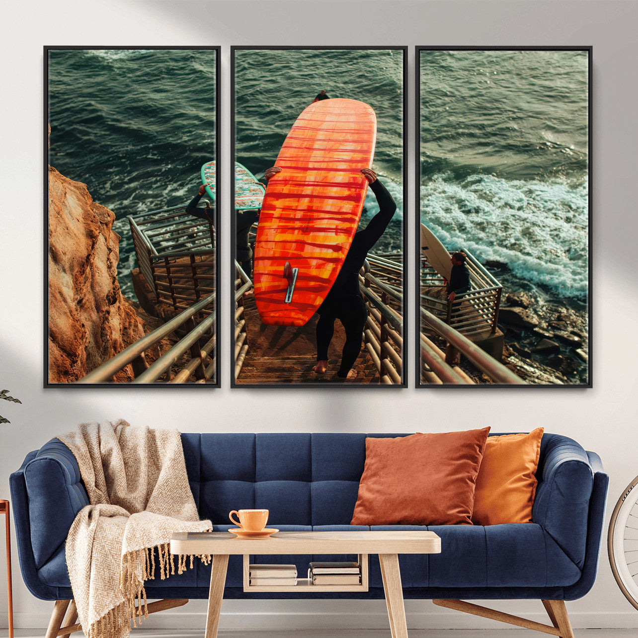 MGV-FC-48X32-3P - Surfer Stairway Wall Art Canvas Print, Framed Ocean Surf Art Picture Print, Sunset Coastal Perfect Coastal Adventure Decor Artwork
