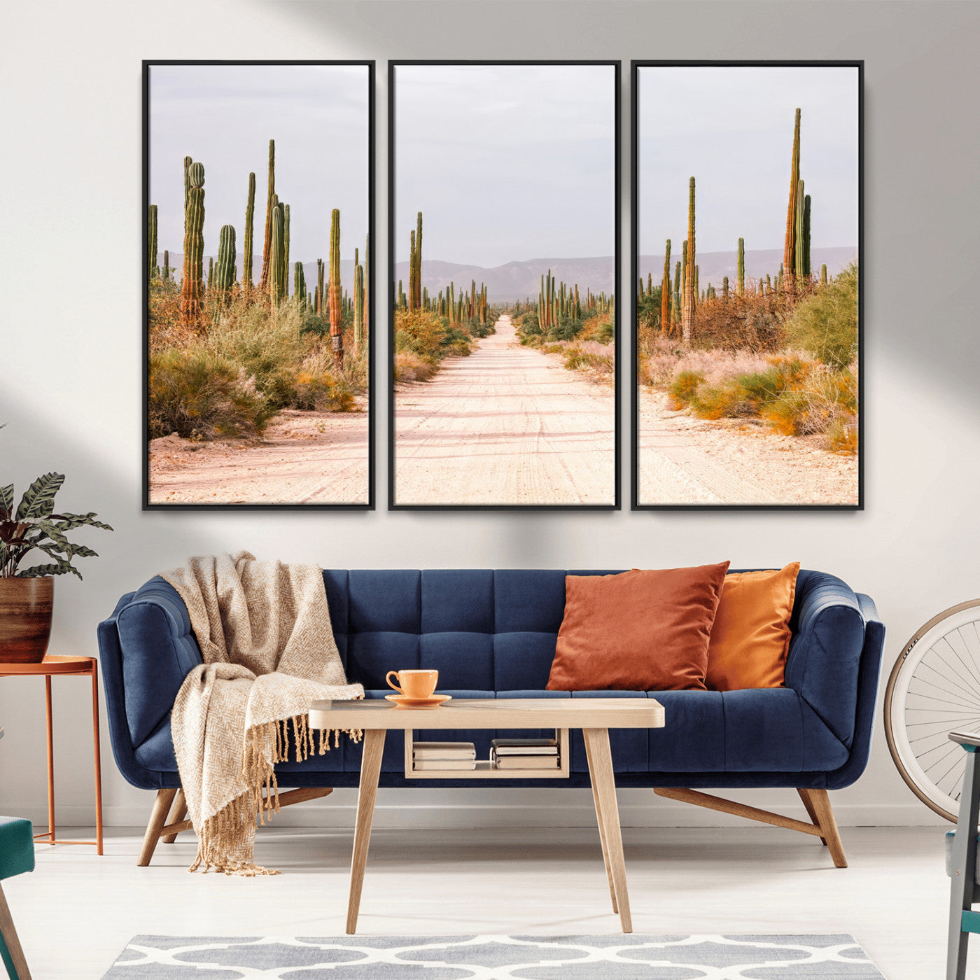 MGV-FC-48X32-3P - Desert Cactus Lined Road Wall Art Canvas Print, Framed Southwestern Landscape Art Picture Print, Bohemian Western Aesthetic Perfect Southwestern Boho Decor Artwork