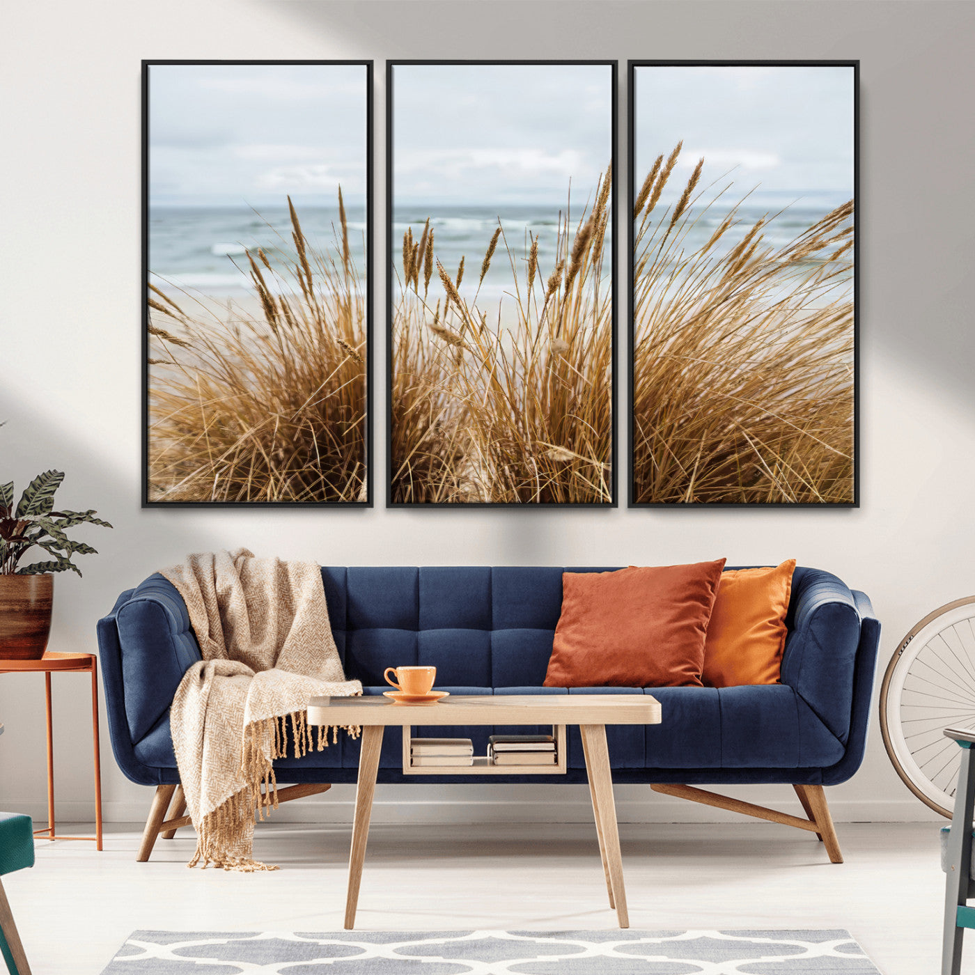 MGV-FC-48X32-3P - Beach Grass Wall Art Canvas Print, Framed Coastal Dunes Art Picture Print, Dune Grass Perfect Coastal Minimalist Decor Artwork