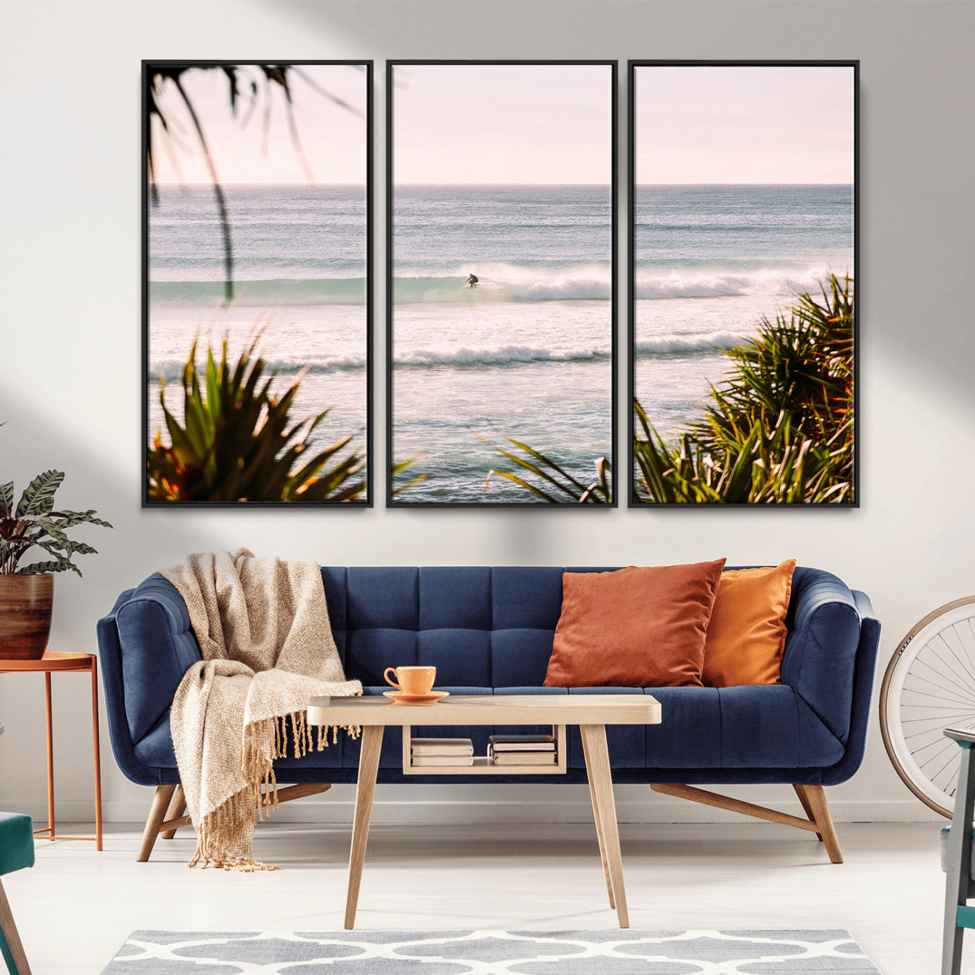 MGV-FC-48X32-3P - Ocean Surfer Wall Art Canvas Print, Framed Coastal Surf Art Picture Print, Tropical Beach Perfect Tropical Coastal Decor Artwork