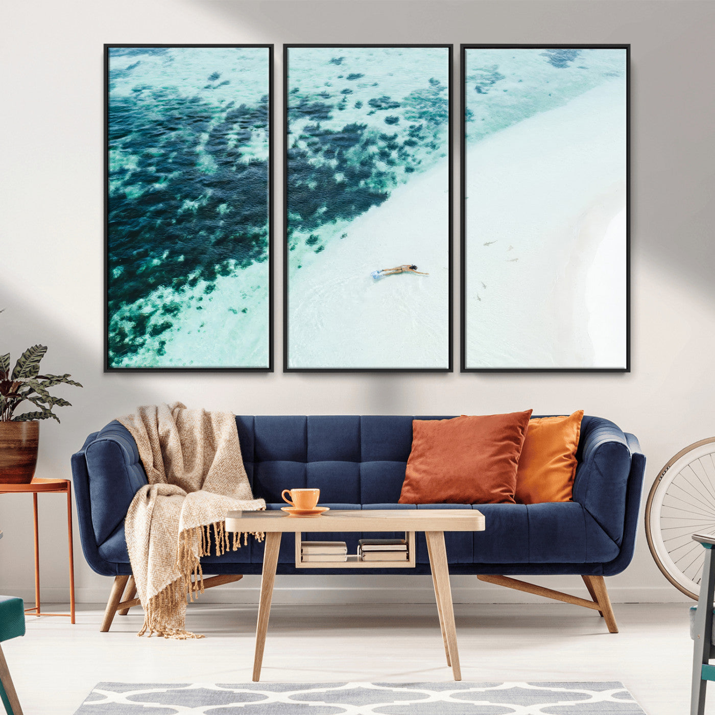 MGV-FC-48X32-3P - Minimal Beach Wall Art Canvas Print, Framed Ocean Swimming Art Picture Print, Clear Ocean Perfect Minimal Coastal Decor Artwork