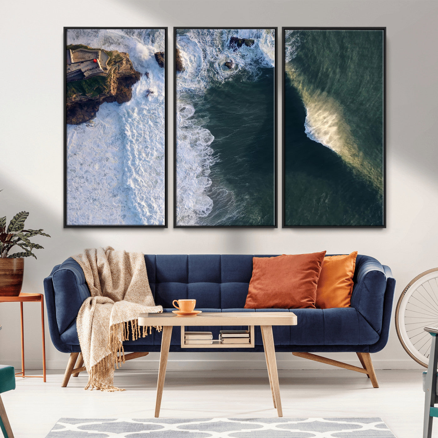 MGV-FC-48X32-3P - Nazaré Coast Wall Art Canvas Print, Framed Aerial Ocean Art Picture Print, Coastal Fortress Perfect Dramatic Coastal Decor Artwork