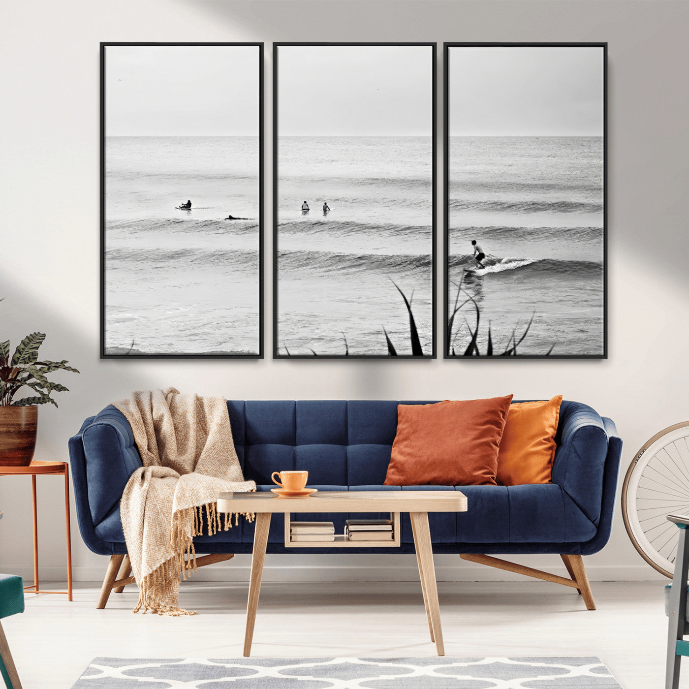 MGV-FC-48X32-3P - Surfer Silhouette Wall Art Canvas Print, Framed Calm Ocean Art Picture Print, Monochrome Surf Perfect Minimalist Coastal Decor Artwork