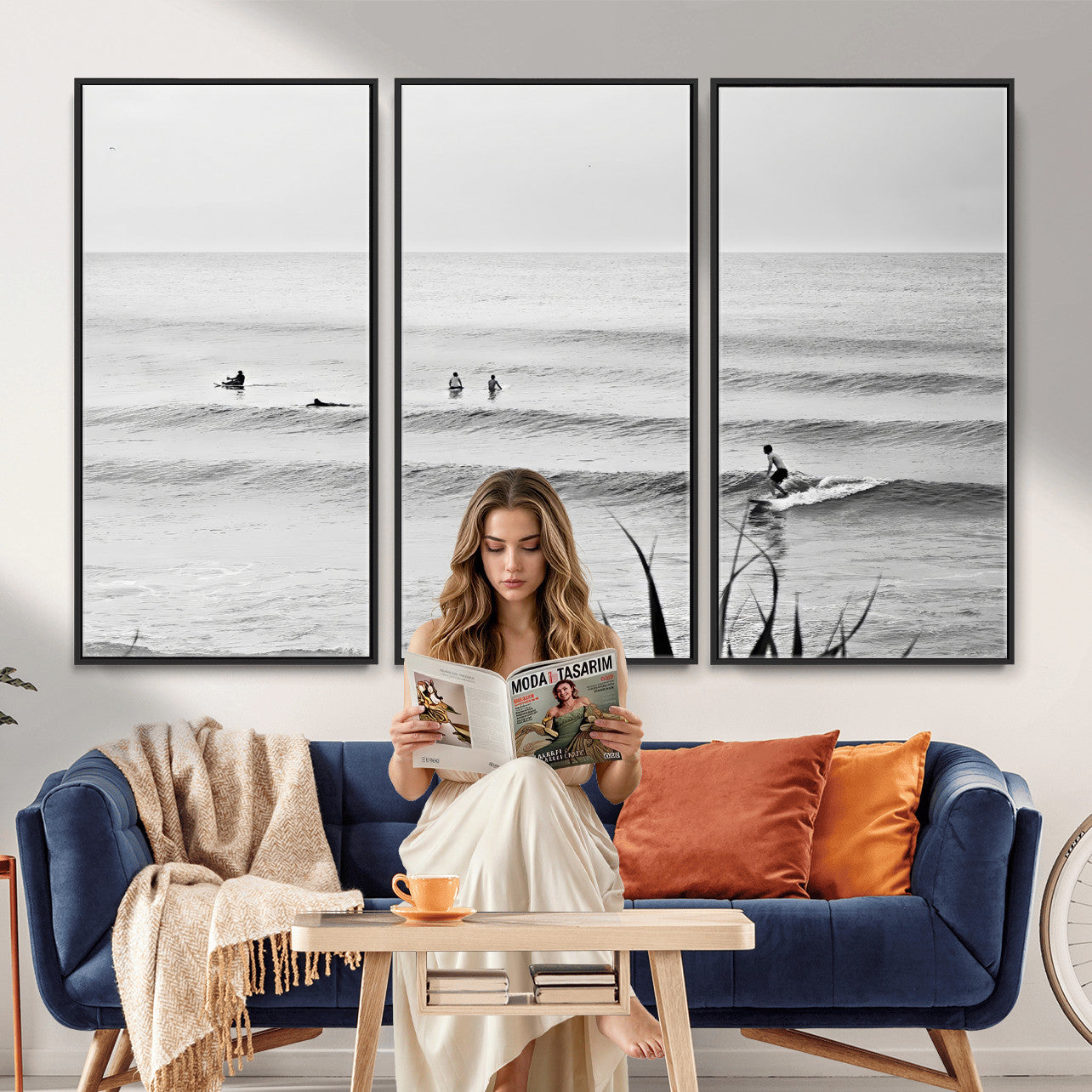 33821421-MGV-CV-36X24 - Surfer Silhouette Wall Art Canvas Print, Framed Calm Ocean Art Picture Print, Monochrome Surf Minimalist Coastal Decor Artwor