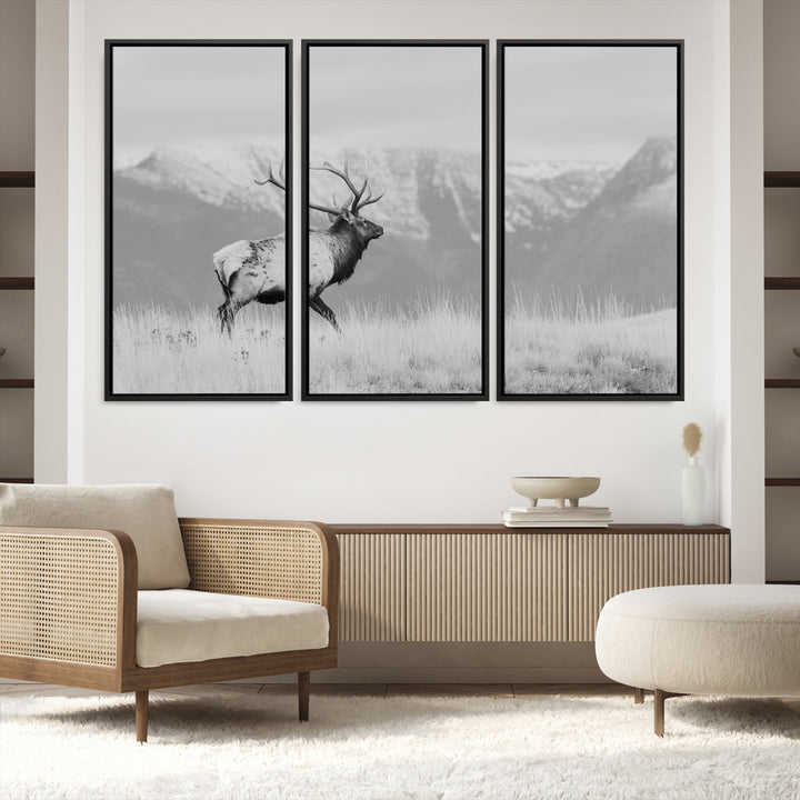 Rustic Elk Wall Art Canvas Print, Wildlife Antler Print, Framed Western Hunting Lodge Art Print, Large Mountain Nature Scene Printing Perfect for Japanese Decor