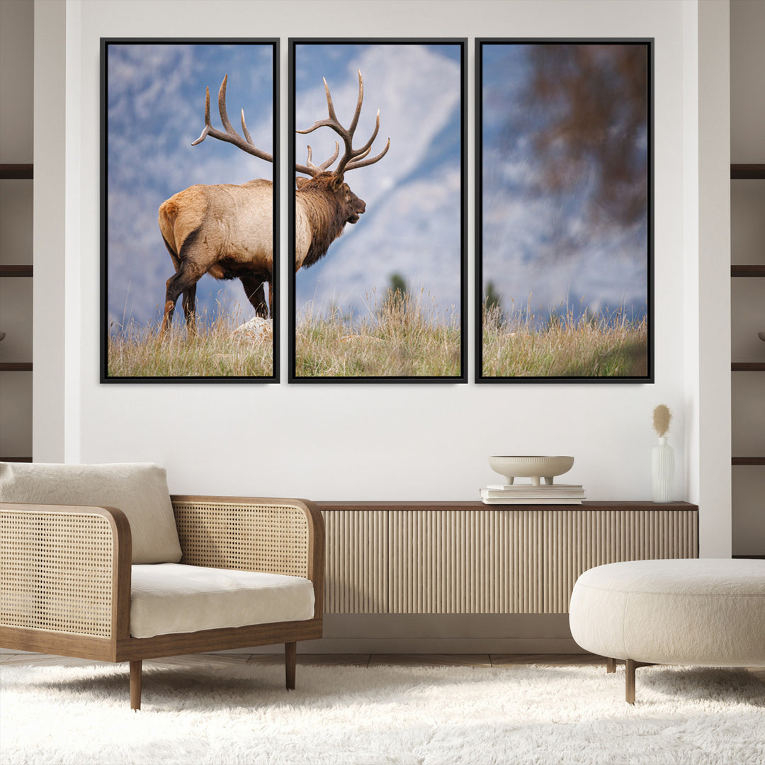 Rustic Elk Wall Art Canvas Print, Wildlife Antler Print, Framed Western Hunting Lodge Art Print