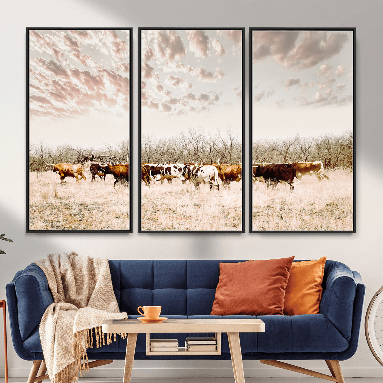 64892775-MGV-CV-36X24 - Longhorn Cattle Wall Art Canvas Print, Framed Texas Ranch Art Picture Print, Western Cow Perfect Western Decor Artwork