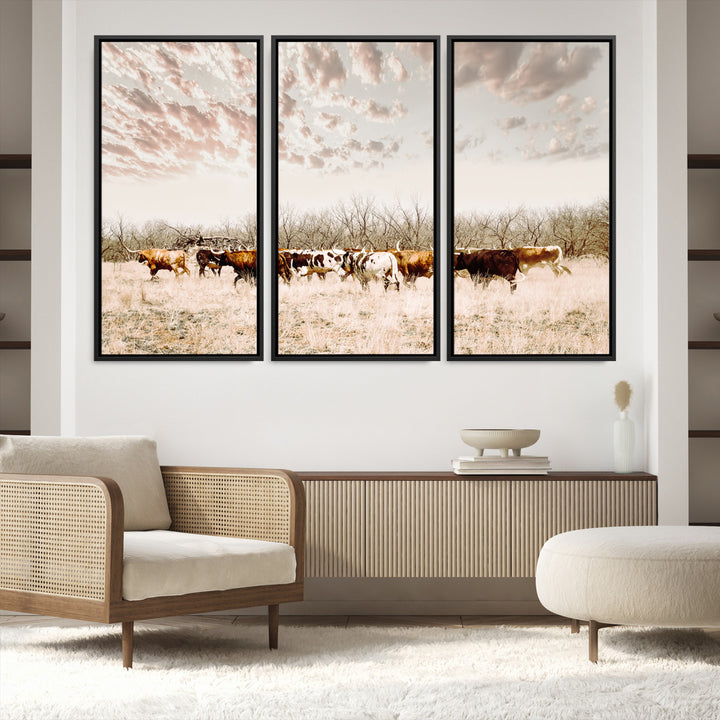 Longhorn Cattle Wall Art Canvas Print, Texas Ranch Print, Framed Western Cow Art Print, Large Prairie Landscape Printing Perfect for Western Decor