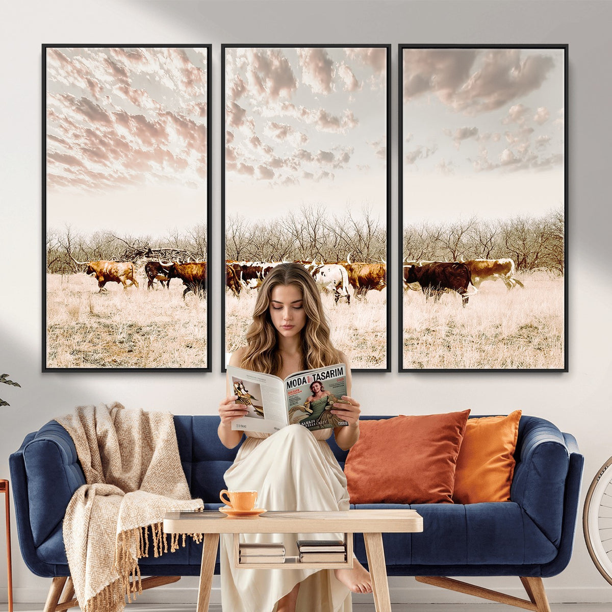 64892775-MGV-CV-24X16 - Longhorn Cattle Wall Art Canvas Print, Framed Texas Ranch Art, Western Cow Print, Prairie Landscape Decor
