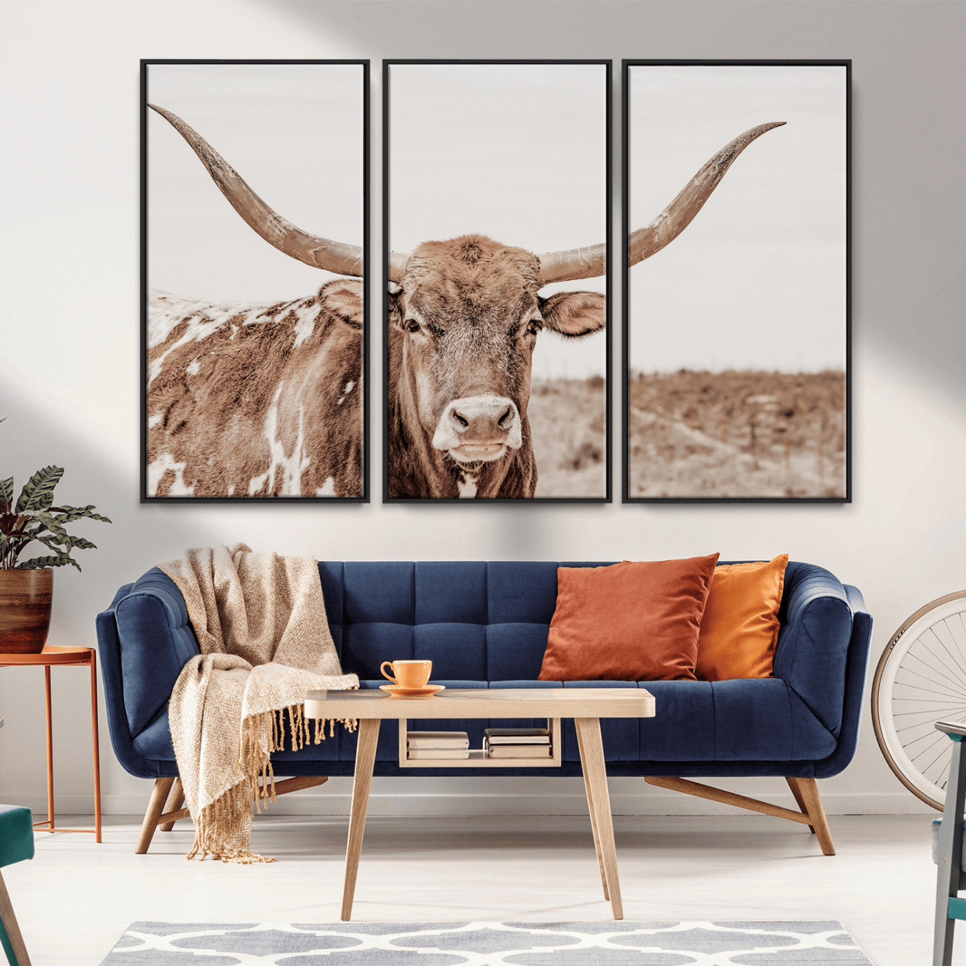 MGV-FC-48X32-3P - Longhorn Cow Wall Art Canvas Print, Framed Texas Ranch Art Picture Print, Western Bull Perfect County Decor Artwork