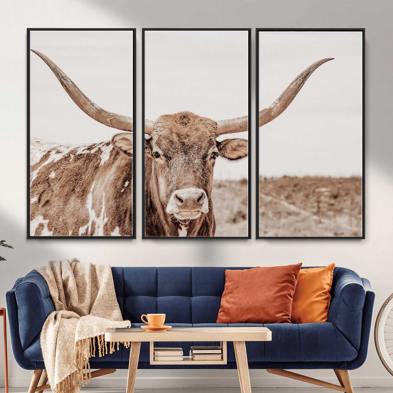 39964150-MGV-CV-36X24 - Longhorn Cow Wall Art Canvas Print, Texas Ranch Print, Framed Western Bull Art Print, Large BigHorn Cowboy Printing Perfect for County Decor