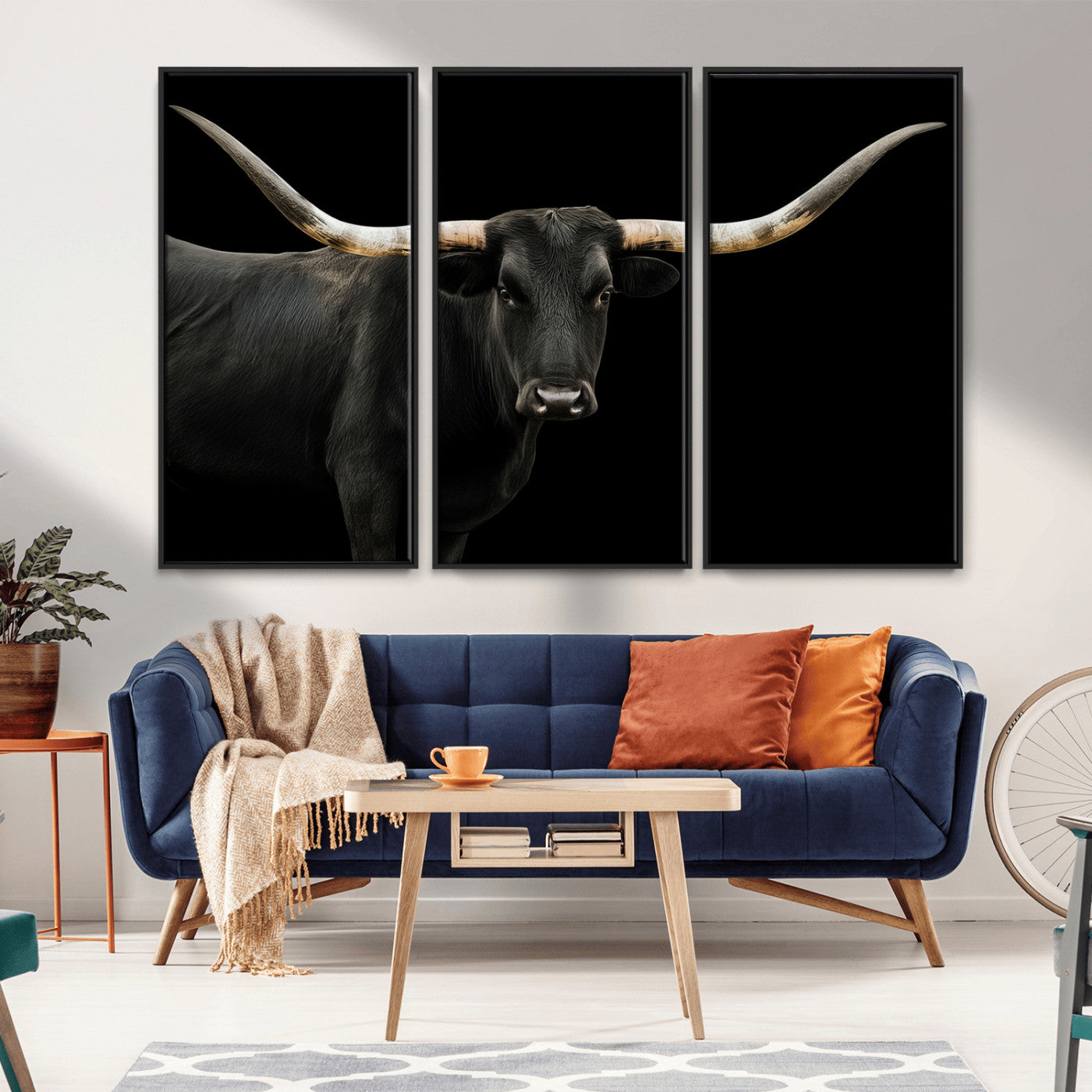 MGV-FC-48X32-3P - Longhorn Cattle Wall Art Canvas Print, Framed Texas Ranch Art Picture Print, Western Cow Perfect Farmhouse Decor Artwork