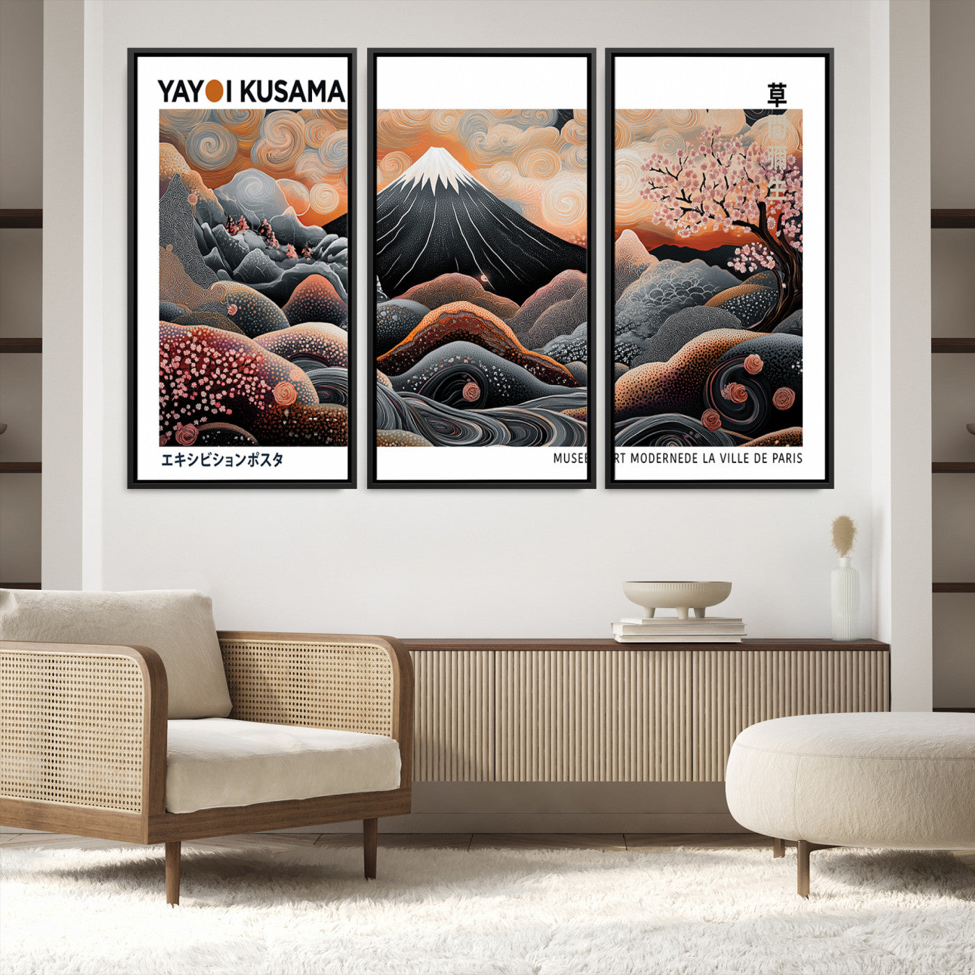 63125329-MGV-FC-48X32-3P-Yayoi Kusama Wall Art Canvas Print, Framed Contemporary Dot Art Picture Print, Japanese Style Perfect Japanese Decor