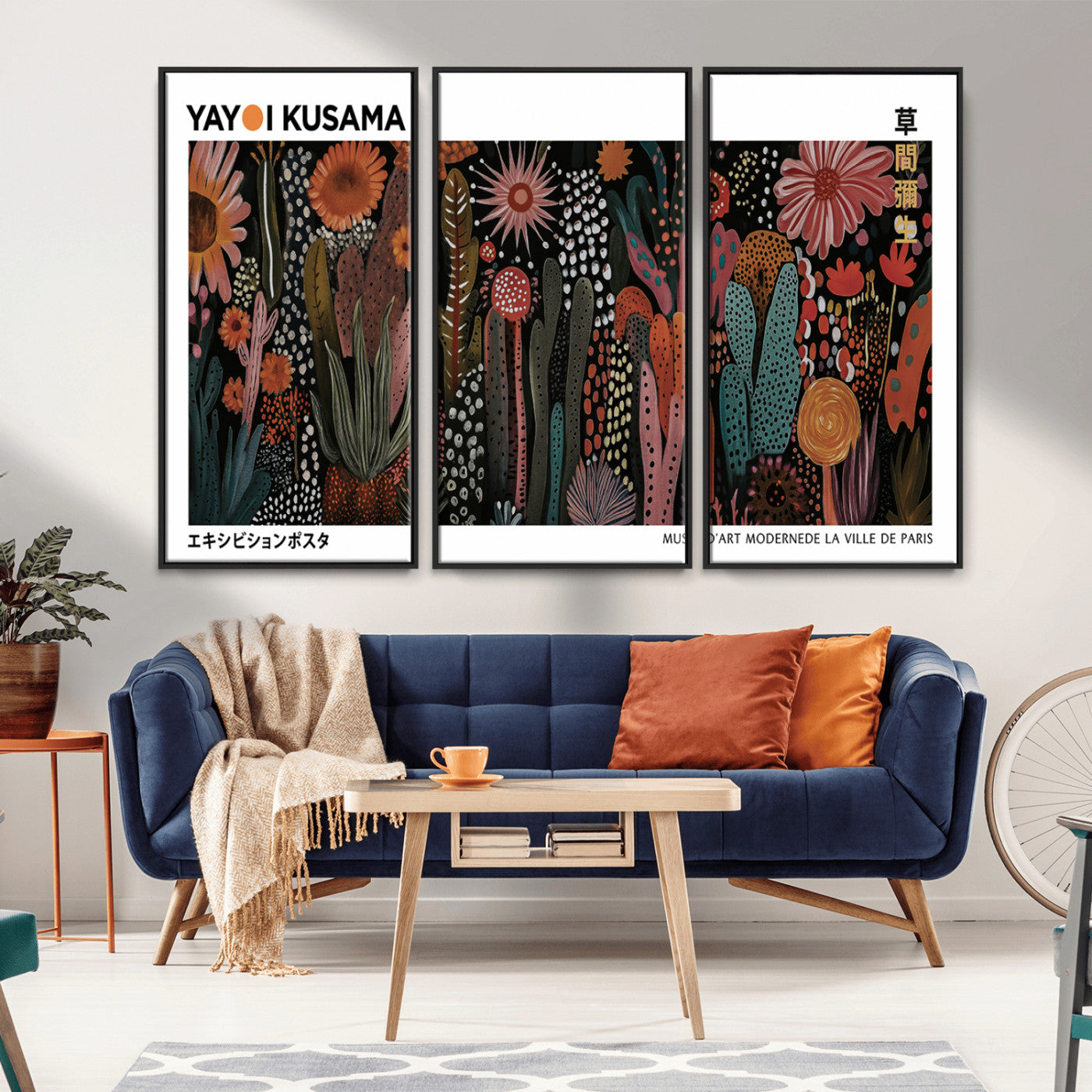 MGV-FC-48X32-3P - Modern Japanese Wall Art Print, Framed Yayoi Kusama Artwork, Abstract Mount Fuji Canvas Print,