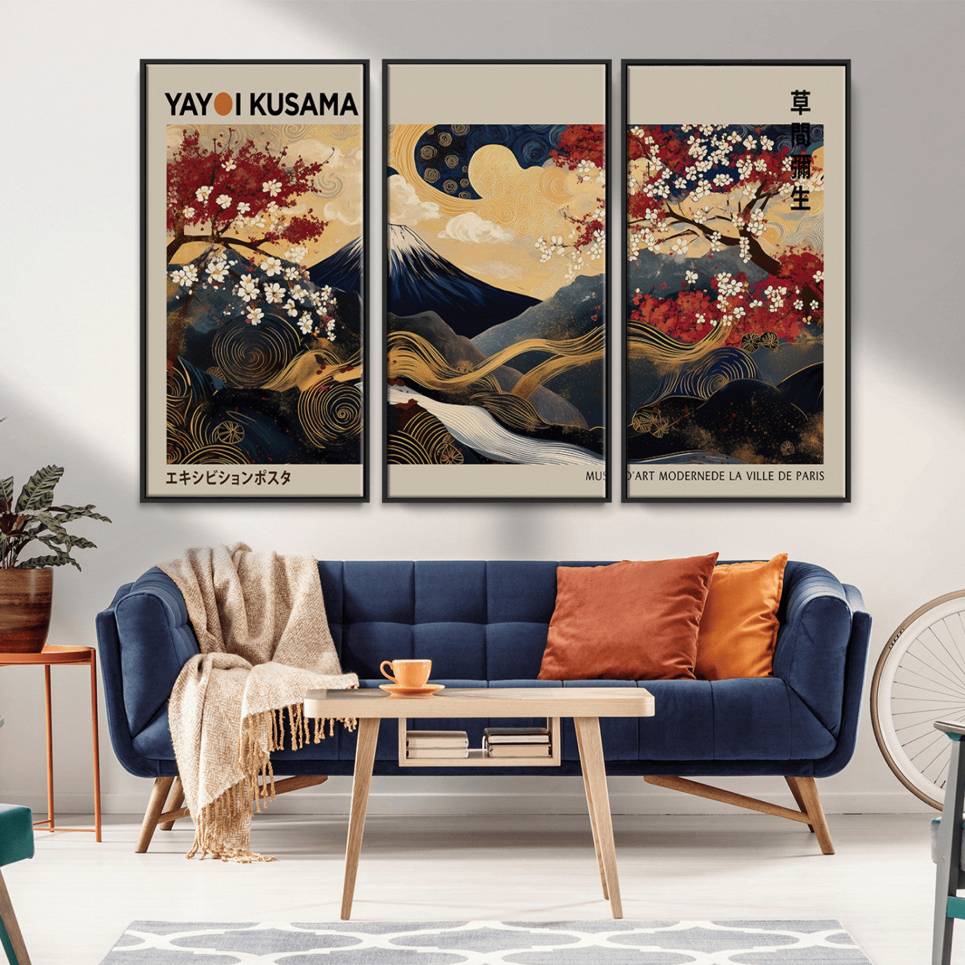 MGV-FC-48X32-3P - Modern Japanese Wall Art, Yayoi Kusama Japanese Print Wall Art, Abstract Mount Fuji Canvas Print,