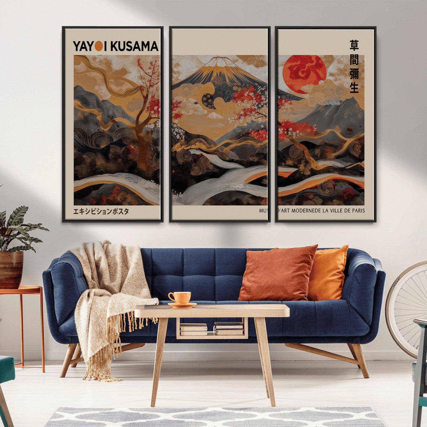 MGV-FC-48X32-3P - Modern Japanese Wall Art Print Yayoi Kusama Canvas Wall Art Abstract Mount Fuji Canvas Print