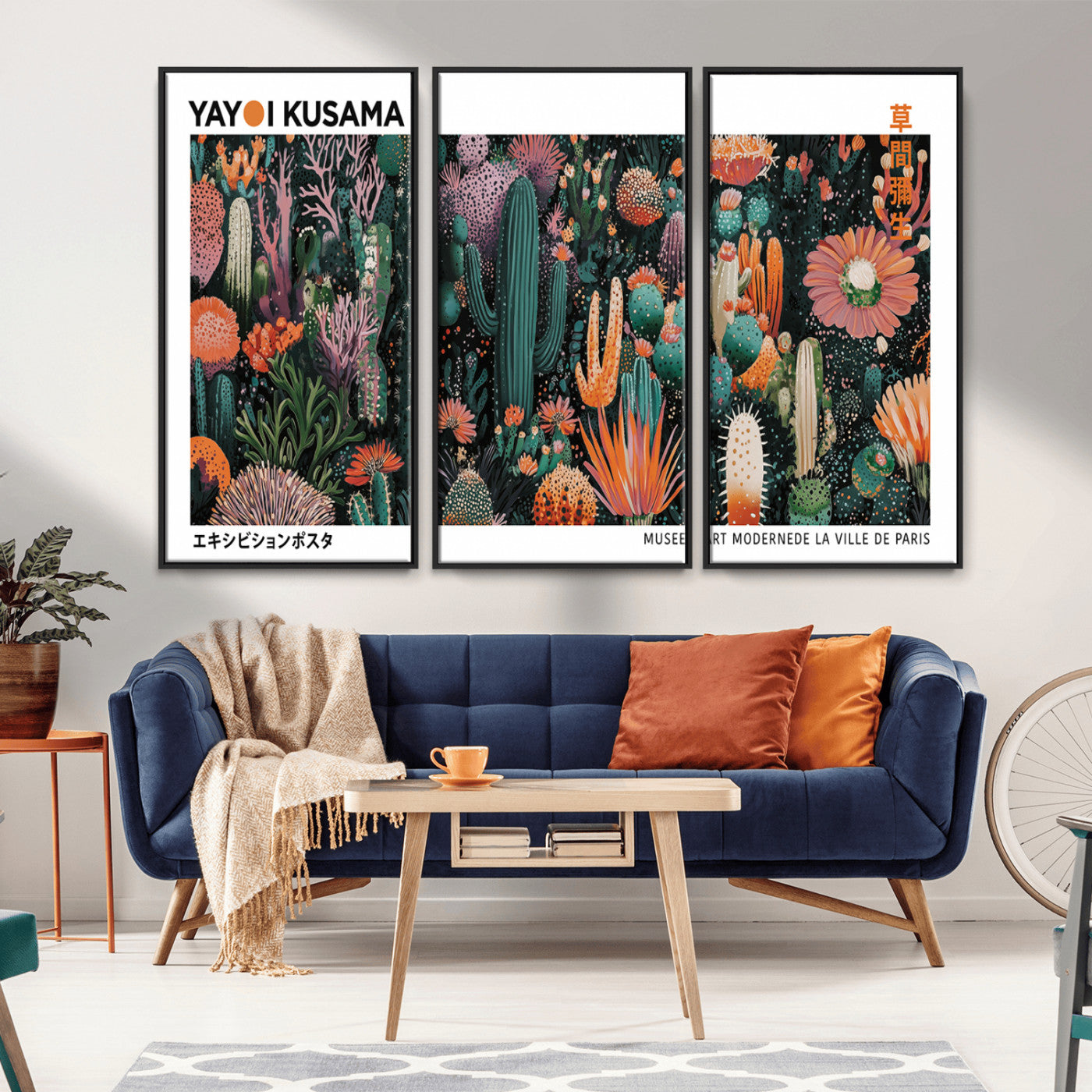 MGV-FC-48X32-3P - Modern Japanese Wall Art Print, Yayoi Kusama Print Wall Decor, Abstract Mount Fuji Canvas Print,