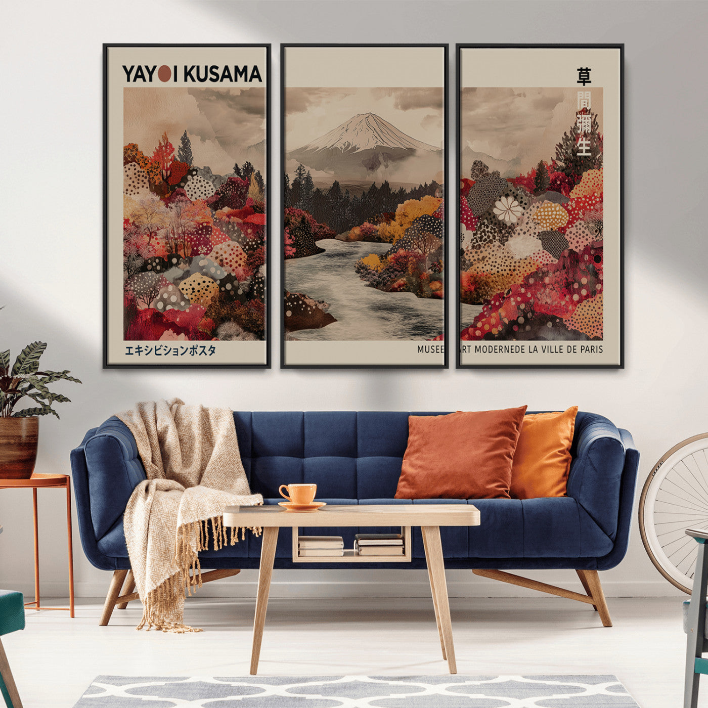 MGV-FC-48X32-3P - Modern Japanese Wall Art Print Yayoi Kusama Canvas Wall Art Abstract Mount Fuji Canvas Print