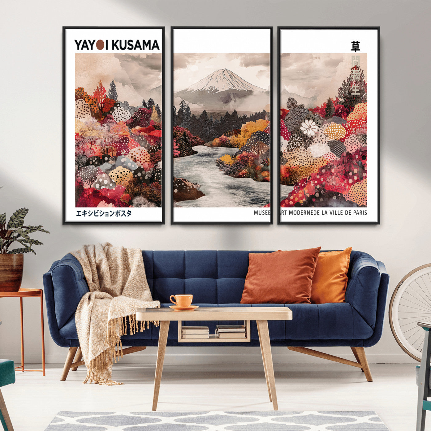 MGV-FC-48X32-3P - Modern Japanese Wall Art Print, Yayoi Kusama Canvas Wall Art, Abstract Mount Fuji Art Canvas Print,