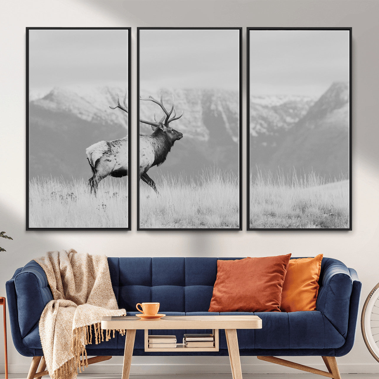 36150391-MGV-FC-48X32-3P - Wall Art Canvas Print – Majestic Elk Black & White Wilderness, Scenic Mountain and Grassland Landscape, Wildlife Nature Decor for Home or Office