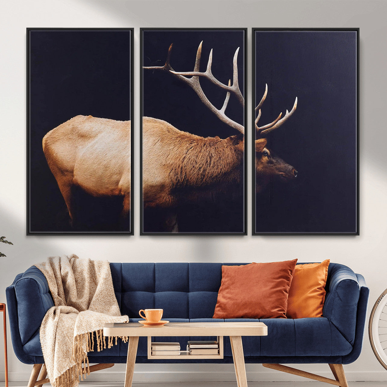 89239257-MGV-FC-48X32-3P - Rustic Elk Wall Art Canvas Print – Framed Moody Wildlife Art Picture Western Animal Artwork for Home, Office