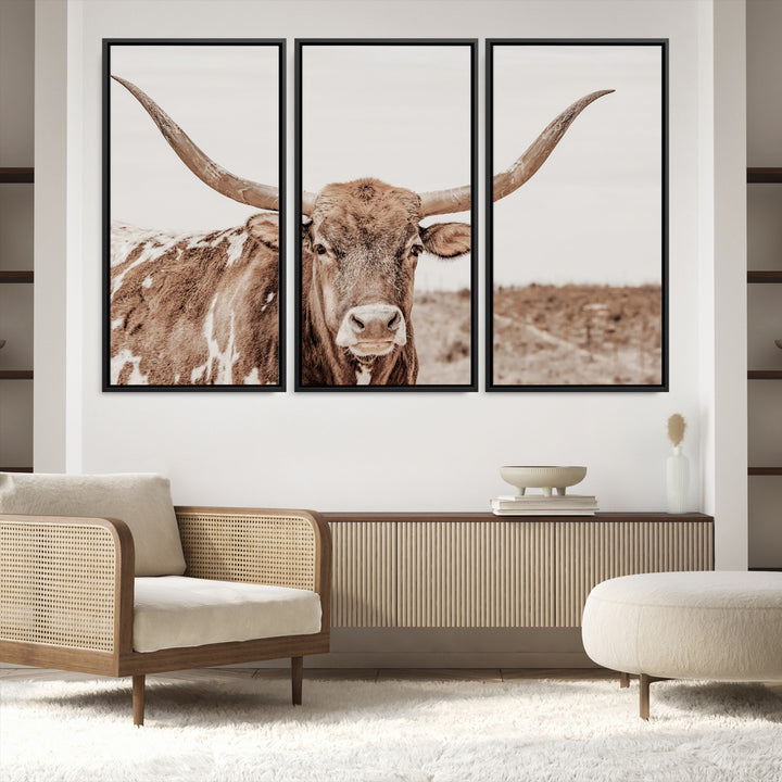 Longhorn Bull Photo Wall Art Canvas Print, Framed Rustic Cow Art Picture Print, Neutral Farmhouse Perfect Rustic Neutral Farmhouse Decor