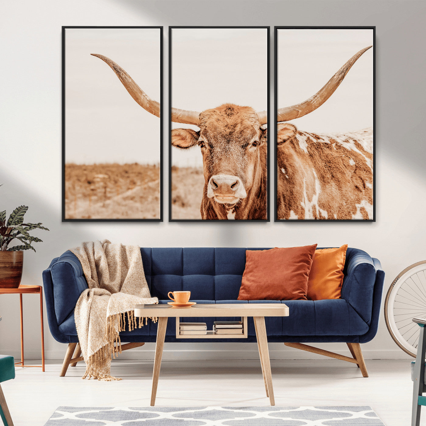 MGV-FC-48X32-3P - Longhorn Bull Wall Art Canvas Print, Framed Western Cow Art Picture Print, Rustic Farmhouse Perfect Neutral Farmhouse Decor Artwork