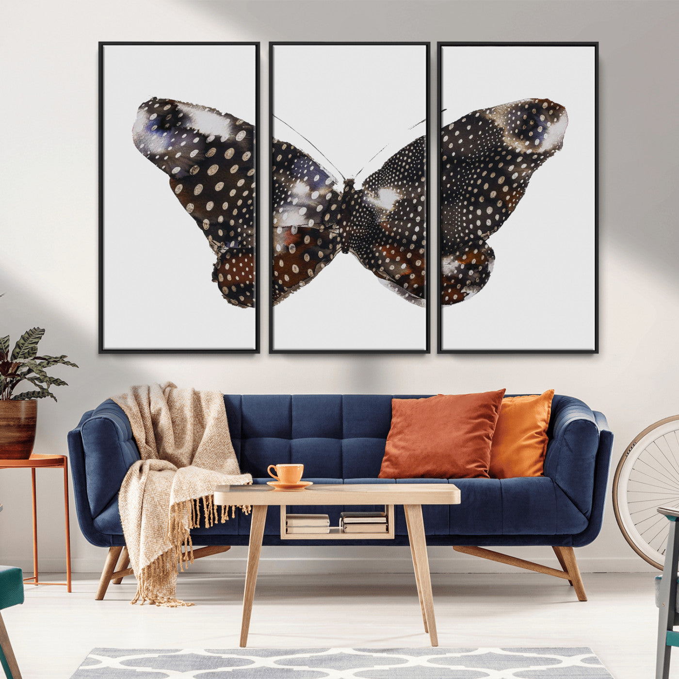 MGV-FC-48X32-3P - Spotted Butterfly Wall Art Canvas Print, Framed Neutral Insect Theme Art Picture Print, Earthy Wing Pattern Perfect Modern Rustic Decor Artwork