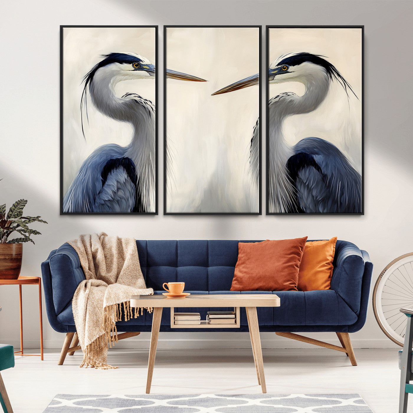 MGV-FC-48X32-3P - Blue Heron Pair Wall Art Canvas Print, Framed Coastal Bird Theme Art Picture Print, Tranquil Wildlife Scene Perfect Coastal Minimalist Decor Artwork