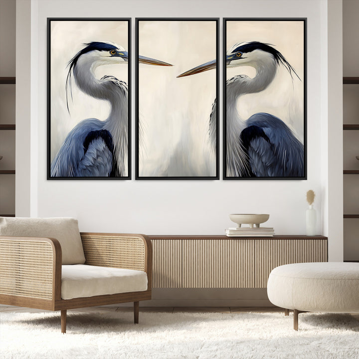 Blue Heron Pair Wall Art Canvas Print, Coastal Bird Theme Print, Framed Tranquil Wildlife Scene Art Print, Large Nature Inspired Decor Printing