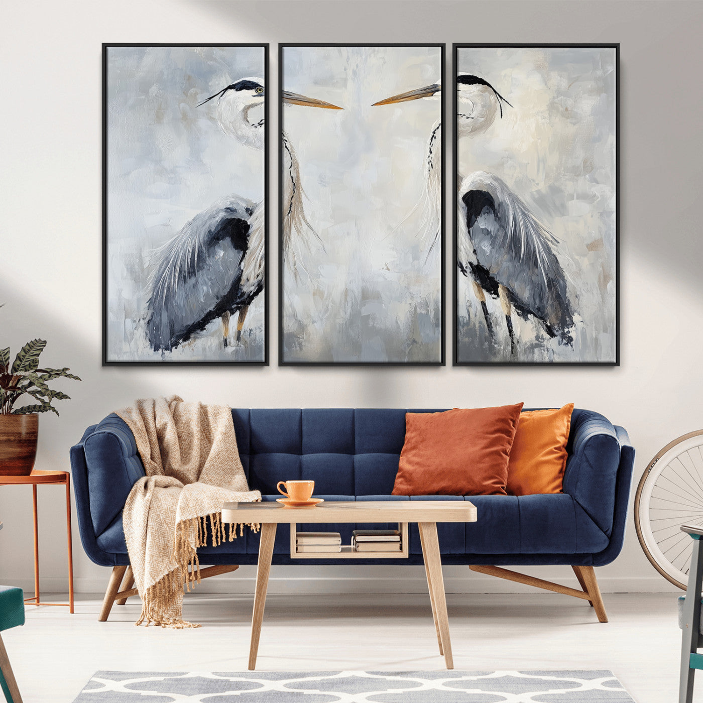 MGV-FC-48X32-3P - Heron Wall Art Wall Art Canvas Print, Framed Bird Canvas Decor Art Picture Print, Nature Inspired Perfect Coastal Minimalist Decor Artwork