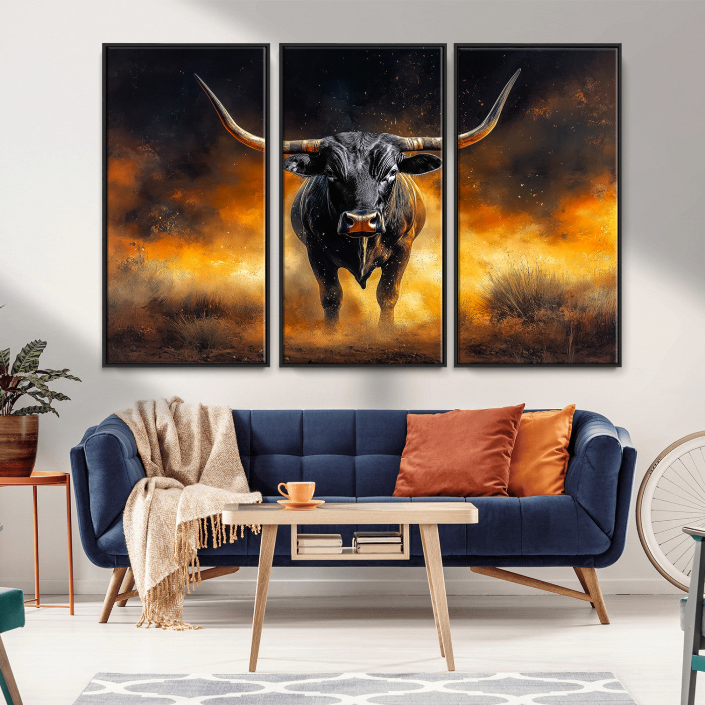 MGV-FC-48X32-3P - Longhorn Canvas Wall Art Canvas Print, Framed Bold Bull Wall Art Art Picture Print, Western Animal Decor Perfect Western Dramatic Decor Artwork