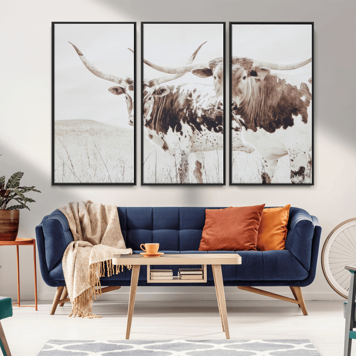MGV-FC-48X32-3P - Longhorn Wall Art Wall Art Canvas Print, Framed Western Cow Canvas Art Picture Print, Rustic Farm Decor Perfect Rustic Farmhouse Decor Artwork