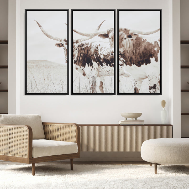 Longhorn Wall Art Wall Art Canvas Print, Western Cow Canvas Print, Framed Rustic Farm Decor Art Print, Large Neutral Animal Scene Printing