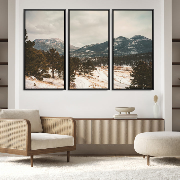 Mountain Landscape Wall Art Canvas Print, Framed Snowy Peaks Art Picture Print, Alpine Aesthetic Perfect Rustic Winter Decor Artwork