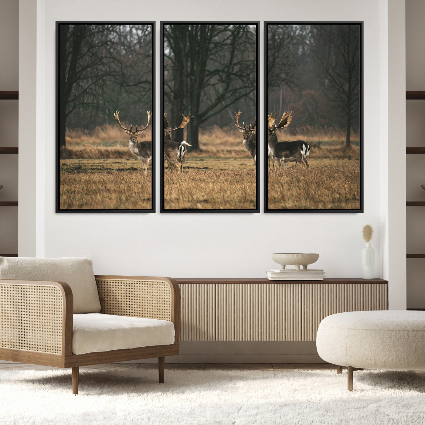 55348744-MGV-FC-60X40-3P_Black-Deer Photography Wall Art Canvas Print, Framed Rustic Wildlife Art Picture, Rustic Deer Wall Art Print